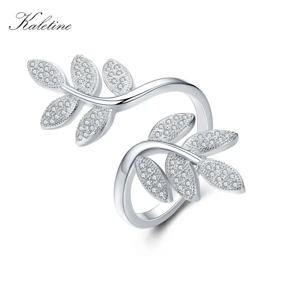 KALETINE 925  Silver Rings For Women Bay Leaves Ring Zircon female Open Adjustab - $31.98