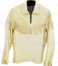 New Men&#39;s Yellow Cowboy Buffalo Buckskin American Leather Shirt With Fringes-893 - £152.34 GBP