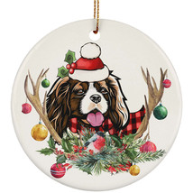 Cute Cavalier King Dog With Antlers Reindeer Flower Xmas Circle Ornament Gift - £13.41 GBP