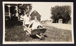 Antique Photo of Young Girls Mabel &amp; Faye Taking Wheelbarrow Ride on Farm 1927 - £8.97 GBP