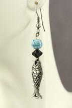 MODERN Pewter &amp; Glass Costume Jewelry PISCES Fish Blue Beaded Pierced Ea... - £10.38 GBP