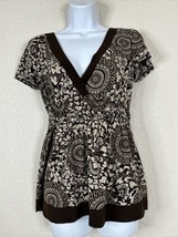 Agenda Womens Size S Brown Floral Mosaic V-neck Stretch Top Short Sleeve - $7.65