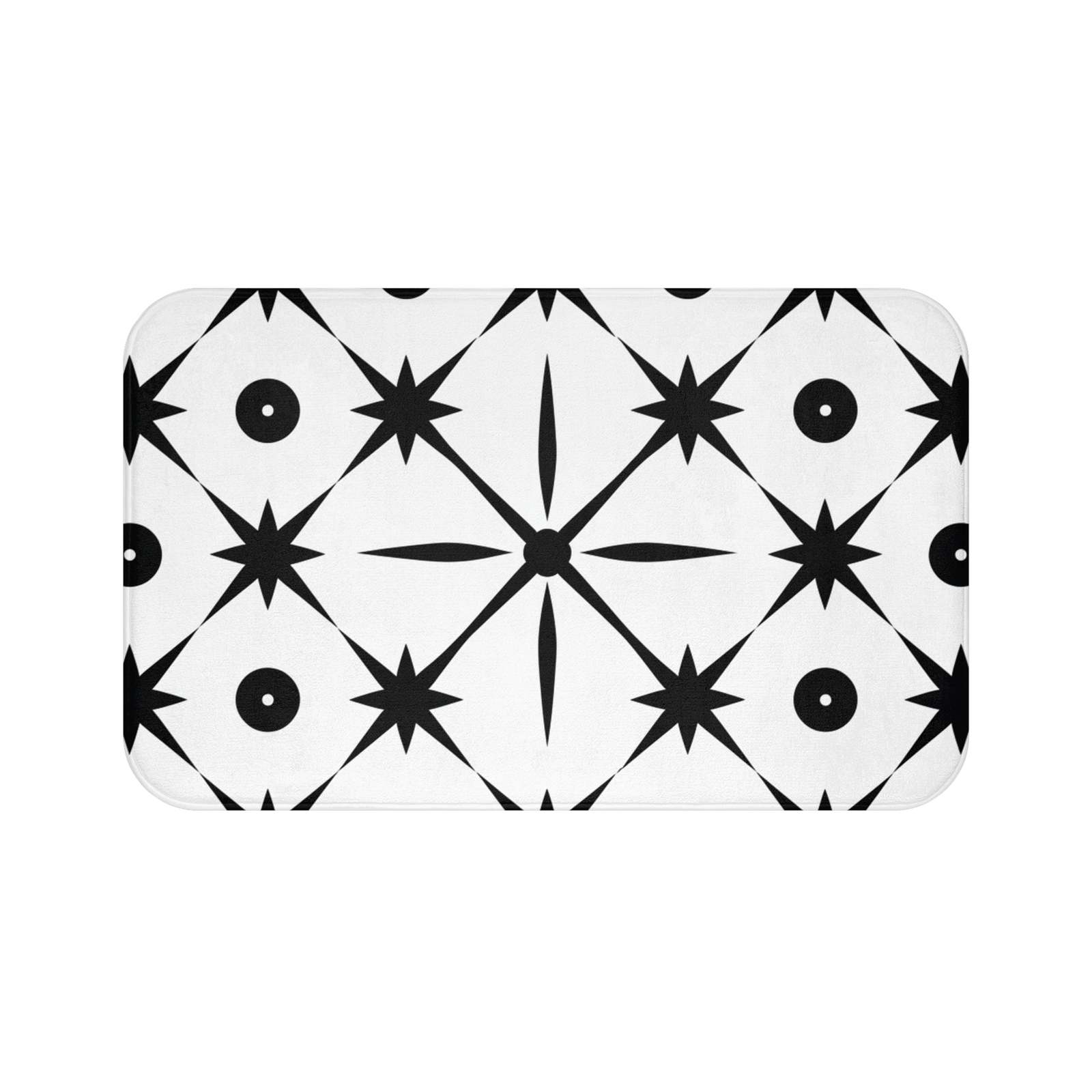 Mid Century Modern Asterisk Design - White & Black Atomic Starburst - Bath Mat