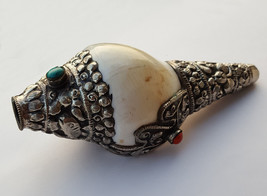 Conch Shell Carved White Metal &amp; Stones 6&quot; - Nepal - $29.99