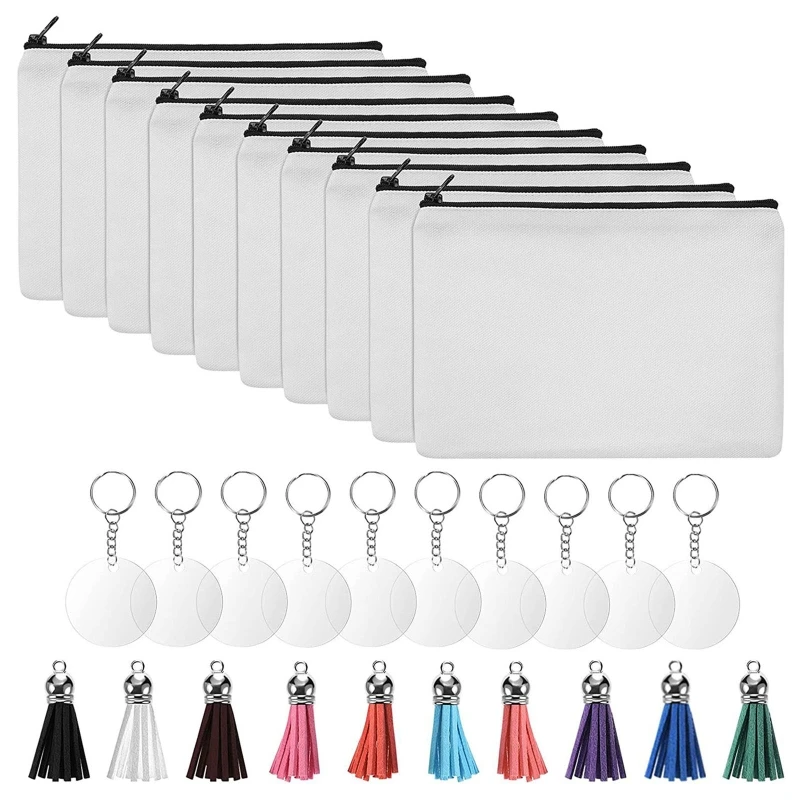 10Pcs Cosmetic Bag Set Heat Transfer Blank DIY Canvas Pencil Case Zipper Makeup  - £54.06 GBP