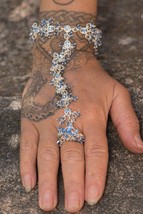 Indian Slave Bracelet Ring Hand Chain Harness Blue Rhinestone Jewelry Women New - £20.41 GBP