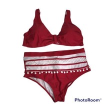 Red Two Piece Swimsuit Bikini XL High waist bottom Pom Pom Mesh accents EUC - £23.97 GBP