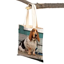 Both Sided Basset Hound Dog Canvas Women Lady Tote Handbag Reusable Cute Pet Ani - £8.53 GBP