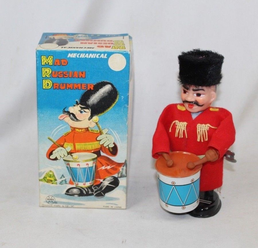 Vintage 1960s MARX Mad Russian Drummer Tin Wind Up Toy in Box VGC - WORKS Japan - $168.29