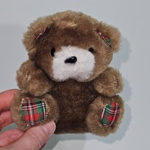 VTG Brown Teddy Bear Plush 4.5&quot; Small Red Green Plaid Ears Feet Christmas READ - $19.75