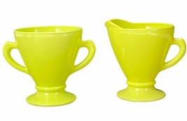 Hazel Atlas Ovidue Platonite Yellow Green Creamer Sugar Set c1950s Vintage - £13.36 GBP