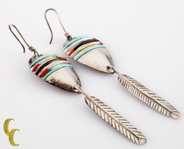 Native American .925 sterling Silver &amp; Turquoise Dangle Leaf Earrings - £91.87 GBP