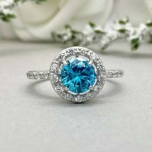 Halo Engagement Ring 2.30Ct Round Cut Blue Topaz White Gold Plated in Size 6 - £106.65 GBP