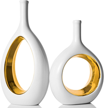 White &amp; Gold Center Piece Vase Table Home Decor Accent Flower Vases Set of 2 - £41.47 GBP