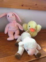 Gently Used Lot Of 3 Ty Hoppity Pink Bunny Rabbit Ewey Cream Lamb &amp; Cute Yellow - £8.19 GBP