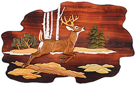 Jumping Deer Hand Crafted Intarsia Wood Art Wall Hanging 26 X 18 X 2.5 Inches - £76.30 GBP