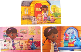 3 Doc McStuffins Disney Wood Preschool 24 Pc Puzzles in Wood Storage Box 2012 - $11.64