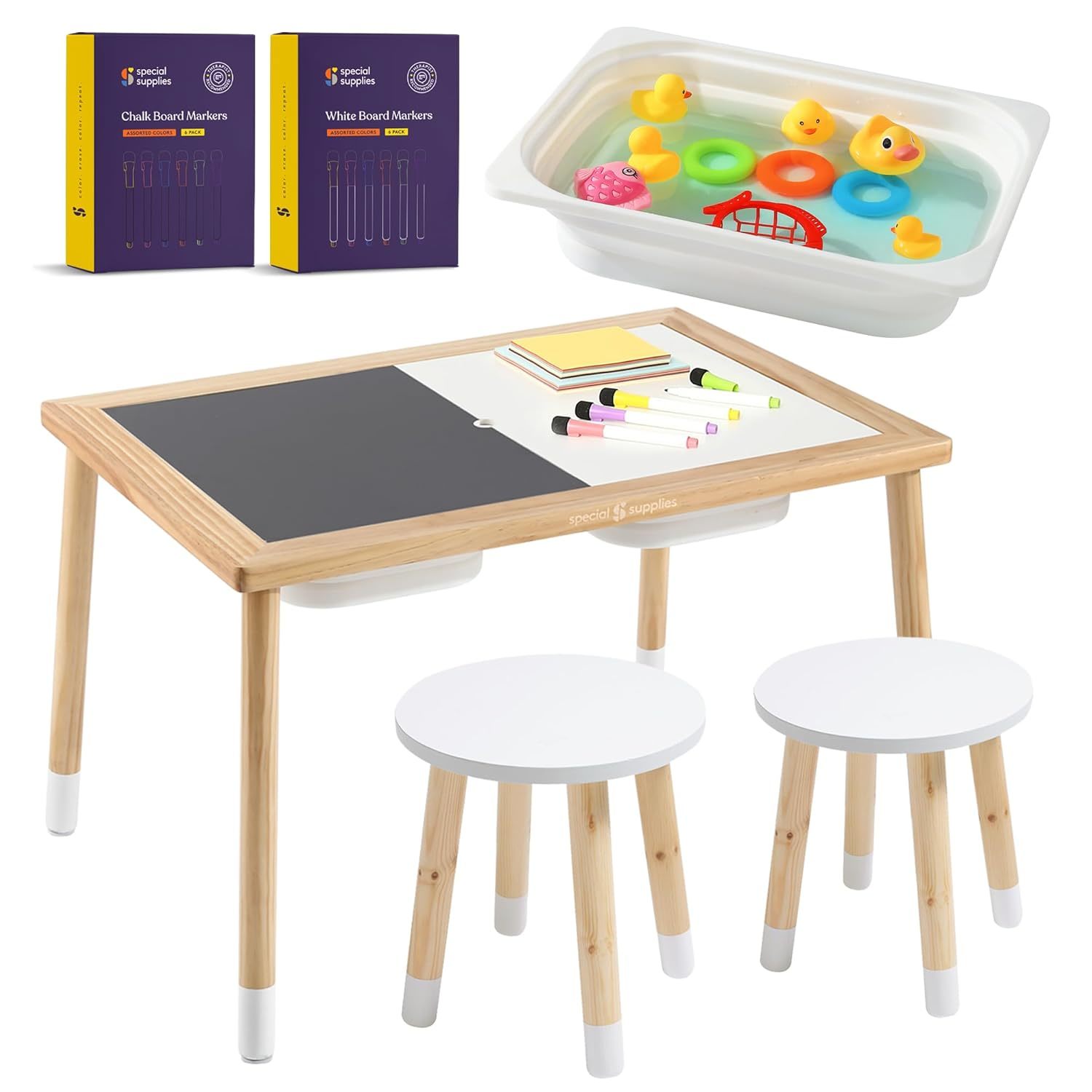 KidS Sensory Table Set With Water Sand Bins, Writable Lids, Chalk Dry Erase Mark