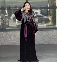 Stylish Long Moroccan Dubai Farasha Wine Kaftan Hand Work Crystal Abaya ... - £103.52 GBP