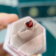 14k Rose Gold Plated 2Ct Heart Simulated Red Garnet Halo Engagement Wedding Ring - £115.05 GBP