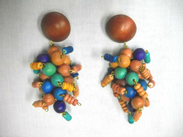 CHUNKY CLUSTER DROP BROWN BLUE PURPLE TAN COLOR BEADS DANGLING POST EARR... - £6.36 GBP