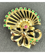 Vintage Golden Tone Ribbon and Crown with Green &amp; Red Gems, Faux Pearl B... - $11.30