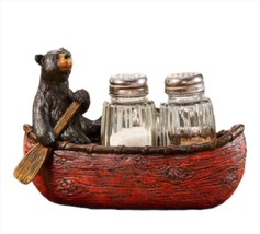 Bear in Canoe Salt Pepper Set with 2 Glass Shakers Paddle Resin Cottage Camping - £23.35 GBP