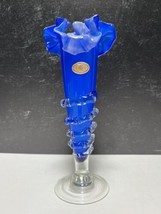 Vintage Blue Murano Vase Ruffled Top Applied Ribbon Footed Base Paper La... - $24.75