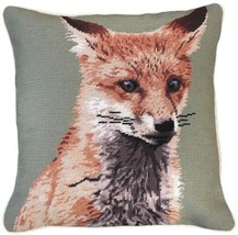 Throw Pillow Needlepoint Sitting Fox Right 18x18 Sage Green Wool Cotton Velvet - £231.01 GBP