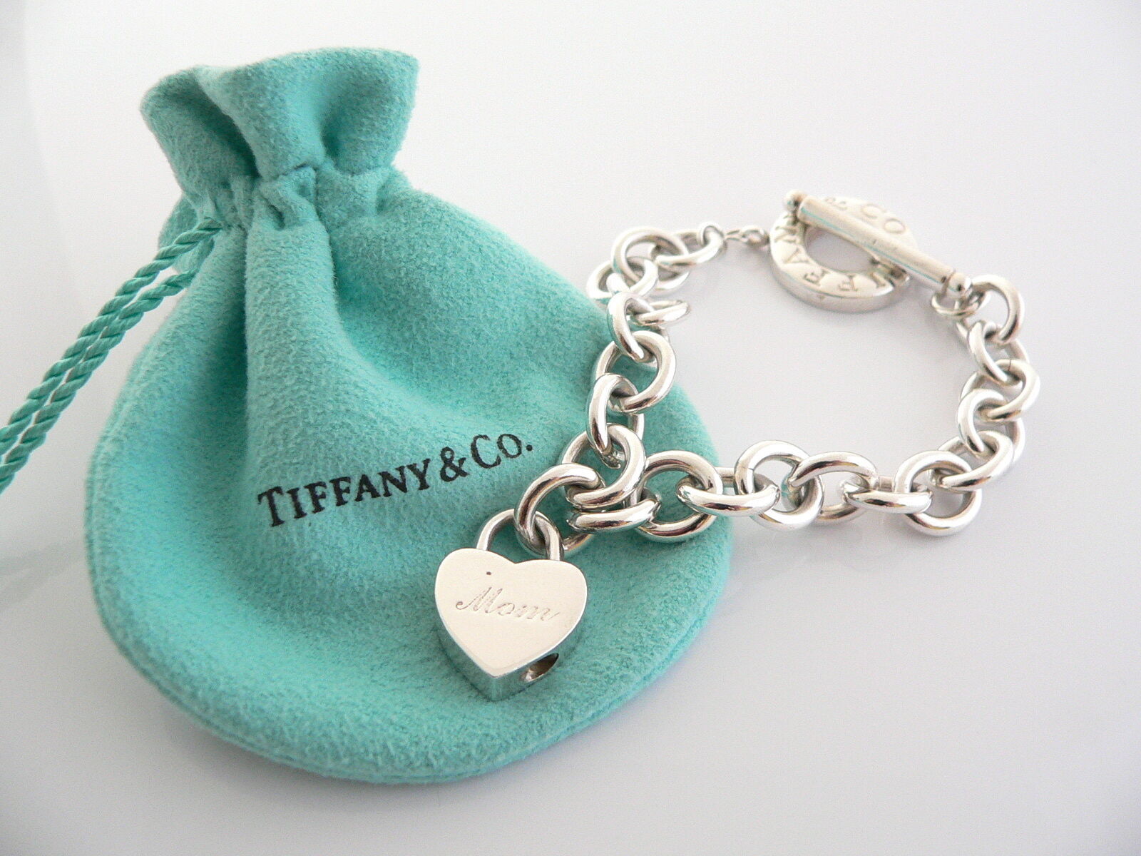 Tiffany & Co Silver Mom Heart Padlock Charm Pendant Toggle Bracelet Gift Pouch - $568.00