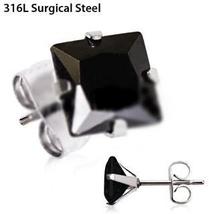 Pair of 316L Stainless Steel Black Princess Cut CZ Stud Earrings - £7.86 GBP+
