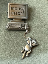 Vintage JJ Signed Humorous Brushed Silvertone Computer w Hanging Kitty Cat MOUSE - £11.96 GBP