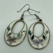 Vintage Alpaca Mexico Inlay Abalone Earrings Dangle Flowers Signed Hook 1.25” - £11.01 GBP