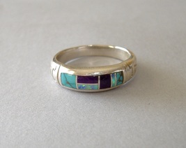 Turquoise Inlay Sterling Silver Band Ring Handcrafted Native American Un... - £179.85 GBP