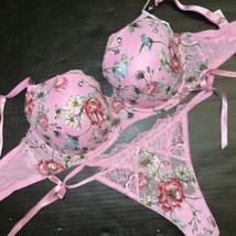 Victoria&#39;s Secret 32DDD,34DDD,36DDD,38DDD Bra Set Thong Pink Floral Appliqué - £62.75 GBP