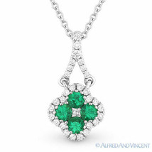 0.32 ct Round Cut Green Emerald &amp; Diamond 14k White Gold Flower Necklace Pendant - £721.27 GBP