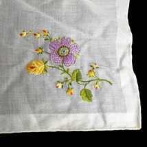 VTG Hanky Handkerchief White Purple &amp; Gold Embroidered Flower 12” Wedding - £7.74 GBP