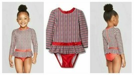 Cat &amp; Jack Red/White/Blue Striped Long Sleeve Snap One Piece Swimsuit 9M - £4.43 GBP