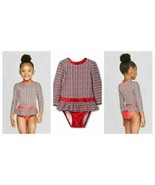 Cat &amp; Jack Red/White/Blue Striped Long Sleeve Snap One Piece Swimsuit 9M - £4.46 GBP