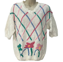 Vintage Koret Womens Short Sleeve V-Neck Sweater Pastel Argyle Size XL V... - £23.64 GBP
