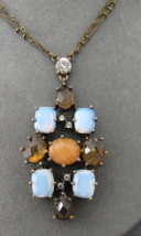 NR AVON Pendant Necklace Opaque Glass Stones  20&quot; Long Double Chain Bron... - £7.87 GBP
