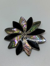 Vintage Sterling Silver 925 Taxco Mexico Abalone Onyx Flower Brooch - £23.56 GBP