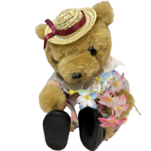 Vintage Enesco Plush Wind Up Musical Bear Hat Flowers Stuffed Animal 7&quot; - $22.75
