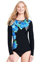 Lands End Women's Long Sleeve Swim Tee Rash Guard Black Cascade Deco Flo... - $39.99