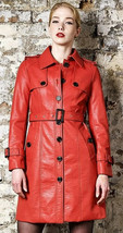 Designer Slim Fit Red Party Wear Stylish Women Leather Belt Trench Coat Lambskin - £134.50 GBP+