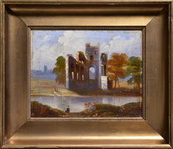 Romantic Capriccio Landscape Ruins on Riverside late 18th century Oil Painting - £298.91 GBP