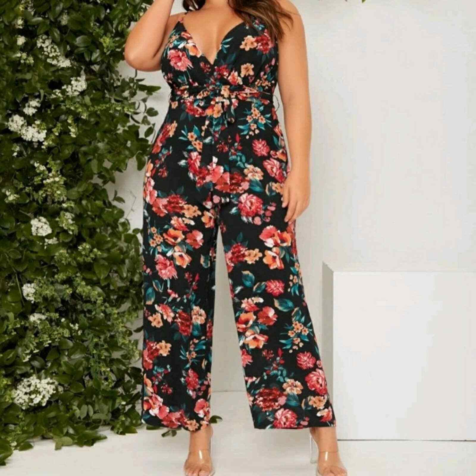 Primary image for SHEIN Plus Floral Print Belted Cami Jumpsuit sz 2xl NWOT