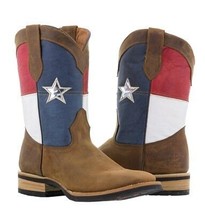 Mens Brown Western Wear Cowboy Leather Boots Texas Flag Rodeo Square Toe - £103.92 GBP