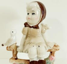 Country Farm Girl On Bench With Bird Ceramic Vintage Hand Painted c1970s HGS2E - £23.53 GBP