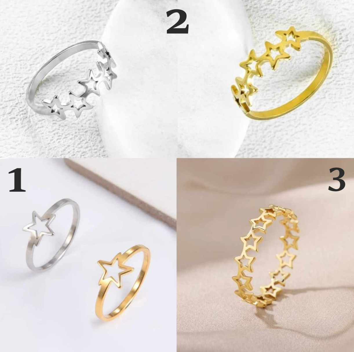 Elegant Stainless Steel Lovers Hollow Star Ring (Silver, Gold)